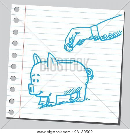 Hand inserting coin in to piggy bank