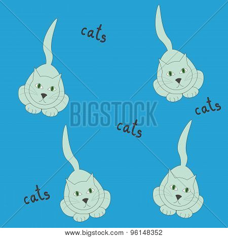 Blue Vector Seamless Pattern With Cute Cats