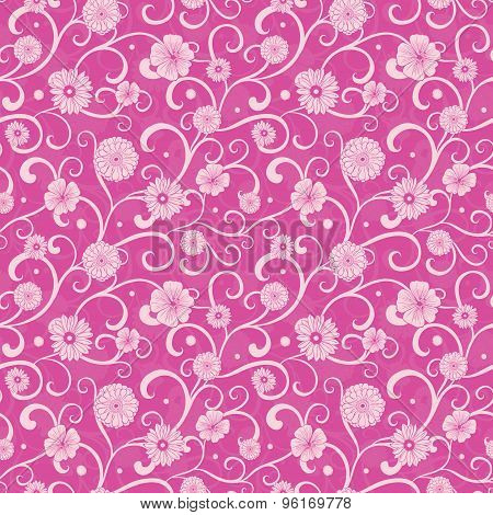 Vector Vintage Pink Flowers on Swirly Braches Seamless Pattern