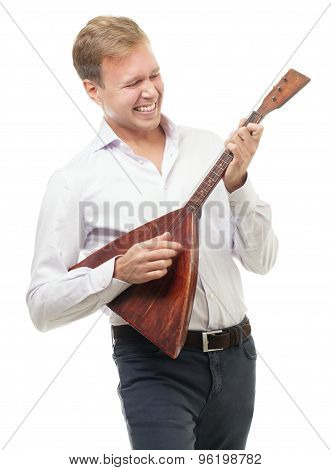 Excited young man playing balalaika, isolated on white