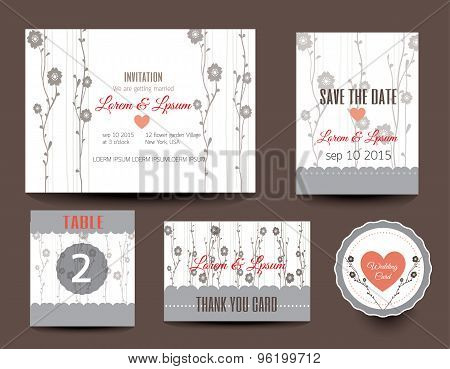 Set Of Wedding Cards. Wedding Invitations, Thank You Card, Save The Date Card, Table Card