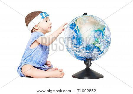 Cute little girl sitting with a globe, isolated on white batskground