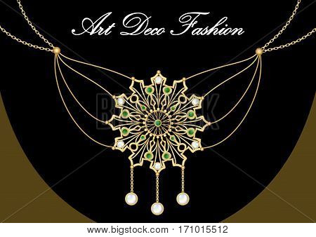 Gold necklace with pendant rich filigree golden star decorated with pearl and green emeralds on fine golden chain elegant vintage jewel in art deco style