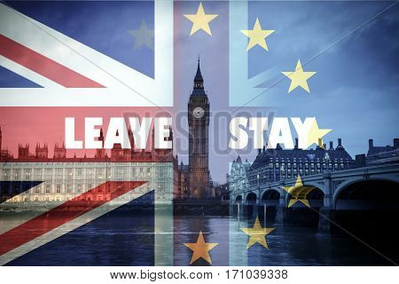 flags of UK and EU combined over icons of London - Brexit concept