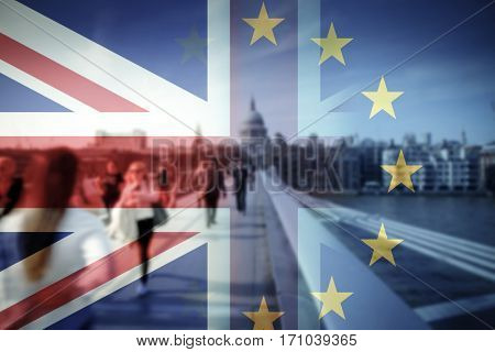 flags of UK and EU combined over icons of London - Brexit concept