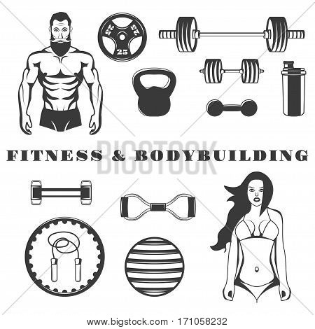 Set of fitness bodybuilding equipment monochrome icons, design elements isolated on white background. gym