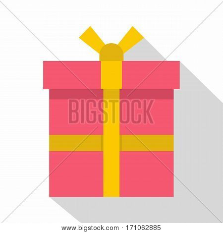 Pink gift box with a yellow ribbon icon. Flat illustration of pink gift box with a yellow ribbon vector icon for web isolated on white background
