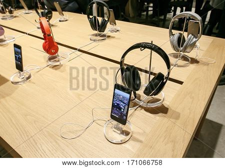 New York February 9 2017: The new iPod Touch and Beats headphones are set on display in Apple store on 5th Avenue.
