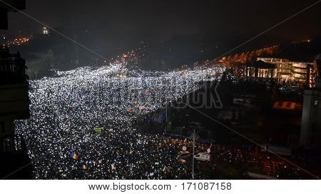 BUCHAREST, ROMANIA - 05 February 2017: More than 240,000 protesters in Victory Square (Piata Victoriei). 