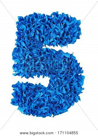 Five. Handmade number 5 from blue crepe paper isolated on white background. Set of numbers from scraps of paper
