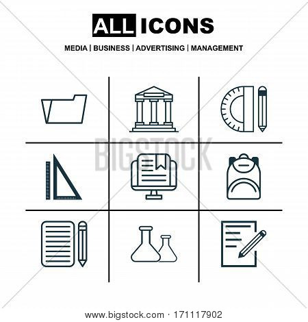 Set Of 9 Education Icons. Includes Haversack, Education Tools, E-Study And Other Symbols. Beautiful Design Elements.