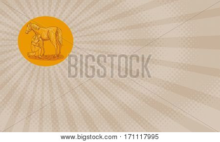 Business card showing Drawing sketch style illustration of a farrier specialist in equine hoof care including the trimming and balancing of hooves placing of shoes on hoof of horse viewed from the side set inside circle.