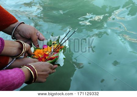 HARIDVAR, INDIA - JAN 14, 2009: During celebrations Makar Sankranti. Festival is celebrated in various parts of India to observe the day which marks the shift of the sun into ever-lengthening days.