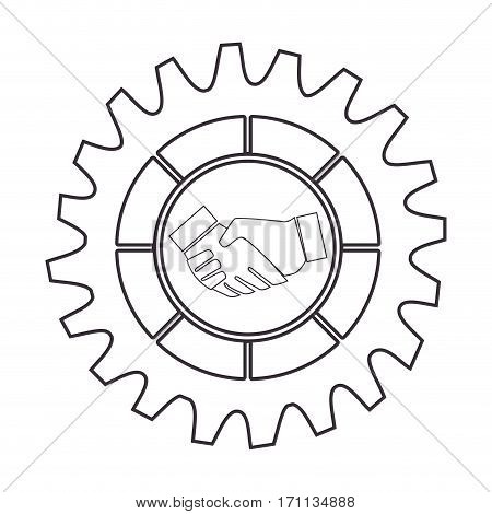 silhouette border with gear wheels shape and shake hands vector illustration