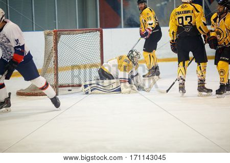 Moscow, Russia - January, 21, 2017: Amateur hockey league LHL-77. Game between hockey team 