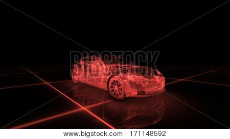 Sport car wire model with red neon ob black background. 3d render