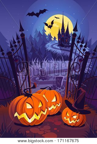 Halloween pumpkins and dark castle on blue Moon background