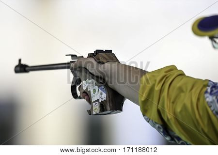 Rio Brazil - august 10 2016: YUNUSMETOV Rashid (KAZ) during shooting 50m Pistol Men Shooting at Olympic Games 2016 in Olympic Shooting Centre Deodoro