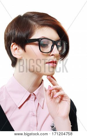 student or young business woman in glasses thining out loud