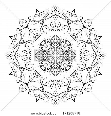 Floral mandala isolated on white background. Gorgeous handdrawn decorative design element. Can be used as a coloring page template. Vector