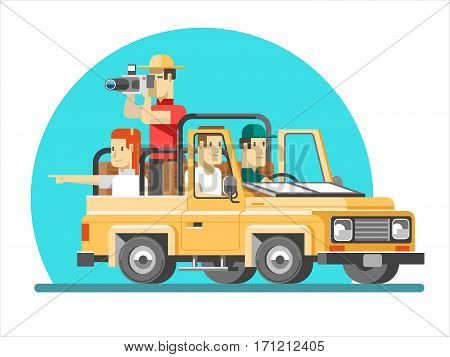 Tourists ride on the savannah in a car and make photos of nature. 3d vector illustration.