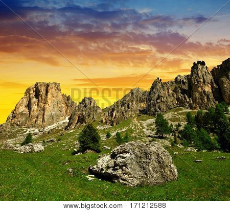 Beautiful mountain landscape at sunset. Valle del Vajolet in Dolomites,Italien Alps