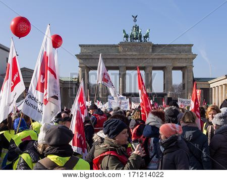 BERLIN GERMANY - FEBRUARY 14 2017: Demonstrators At Labor Union GEW Demonstration At Brandenburg Gate Berlin
