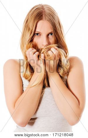 Beautiful young woman with gorgeous hairstyle.