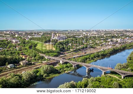 Vladimir bridge over the Klyazma in aerial view summer, Russia