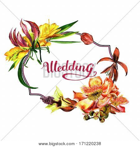 Tropical Hawaii leaves and flowers frame in a watercolor style isolated. Aquarelle wild flower for background, texture, wrapper pattern, frame or border.