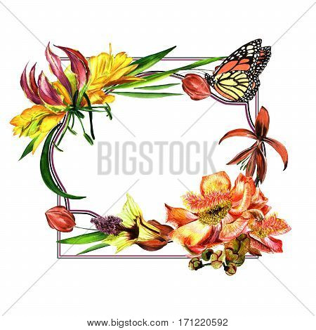 Tropical Hawaii leaves and flowers frame in a watercolor style isolated. Aquarelle wild flower for background, texture, wrapper pattern, frame or border.