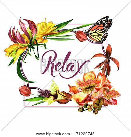 Tropical Hawaii leaves and flowers frame in a watercolor style isolated. Aquarelle wild flower for background, texture, wrapper pattern, frame or border.