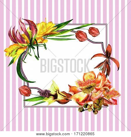 Tropical Hawaii leaves and flowers frame in a watercolor style isolated. Aquarelle wild flower for background, texture, wrapper pattern, frame or border.