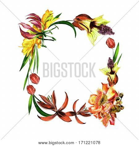 Tropical Hawaii leaves and flowers frame in a watercolor style isolated. Aquarelle wild flower for background, texture, wrapper pattern, frame or border.