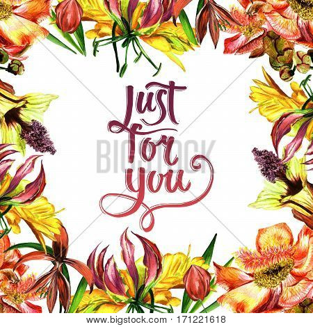 Tropical Hawaii leaves and flowers frame in a watercolor style isolated. Aquarelle wild flower for background, texture, wrapper pattern, frame or border.