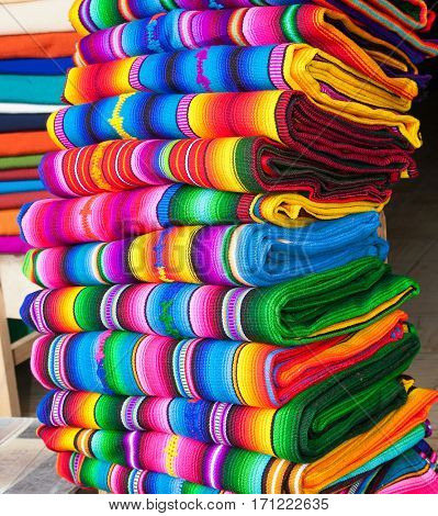  Traditional rugs at market in Panajachel, Guatemala. America.