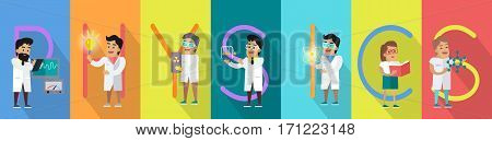 Physics banner. Science alphabet. ABC vector with scientists at work. Simple colored letters and scientist character. Scientific research, science lab, science test, technology illustration in flat