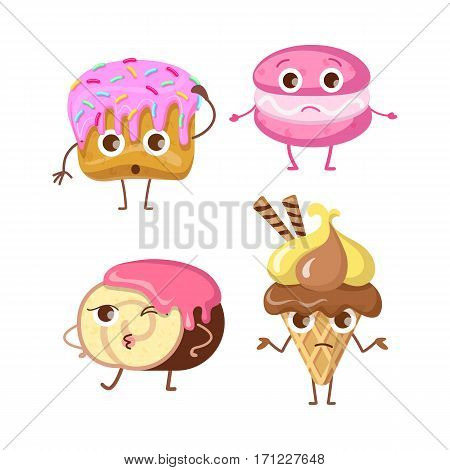 Sweets. Collections of different kinds of buns and ice cream. Round cupcake with pink topping and small confetti. Unhappy macaroon. Chocolate swiss roll. Ice cream cone with two sweet rolls. Vector