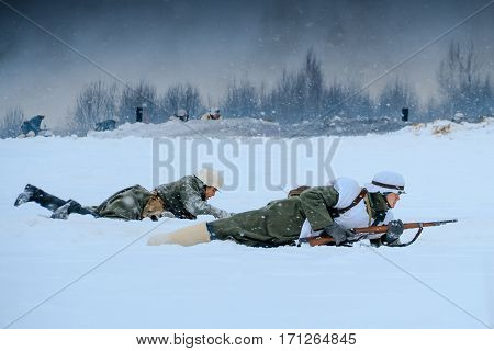 NELIDOVO MOSCOW REGION RUSSIA - JANUARY 22 2017: Reenactment of the winter defensive battles of the Red Army of the 1st Ukrainian Front in WWII called 