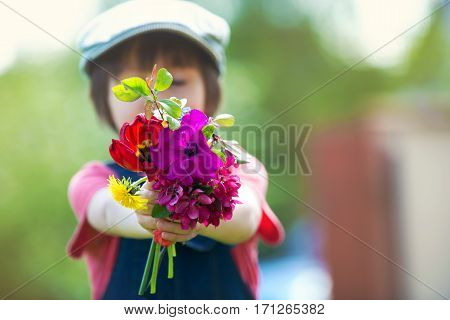 Preschool Child, Holding Bouquet Of Wild Flowers, Gathered For Mom