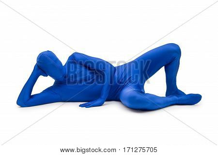 Mysterious Blue Man In Morphsuit Lying On The Floor