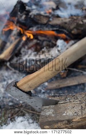 camping in the wood in the winter in a mountain tent