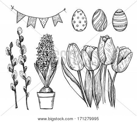 Hand Drawn Vector Illustration. Happy Easter! Easter Design Elements (eggs, Garland, Tulips, Hyacint