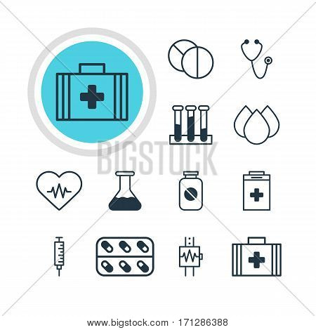 Vector Illustration Of 12 Health Icons. Editable Pack Of Experiment Flask, Heart Rhythm, Exigency And Other Elements.