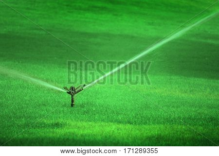 Sprinker spraying water on lush green grass in park