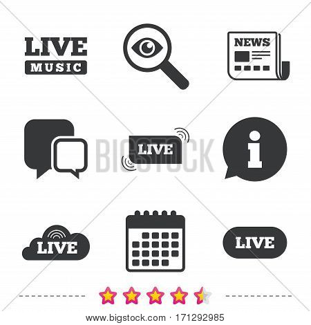 Live music icons. Karaoke or On air stream symbols. Cloud sign. Newspaper, information and calendar icons. Investigate magnifier, chat symbol. Vector