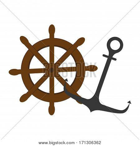 colorful silhouette boat helm and anchor vector illustration