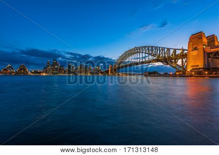 Sydney Harbour at night viewed from Milsons Point in North Sydney Australia. FEB 15,2017 Sydney Harbour is a beautiful meandering waterway, famous around the world.