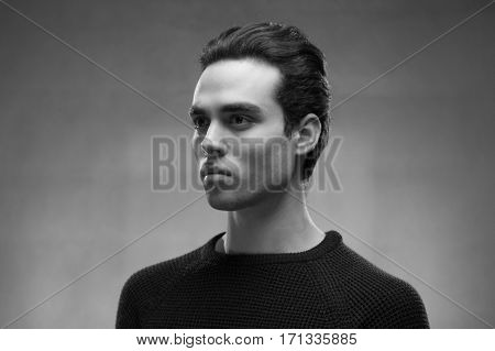 black and white, young man face head closeup