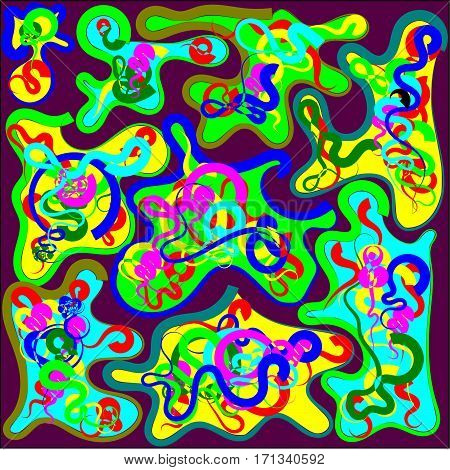 Abstract seamless colored fragments of pieces with colored threads of red, pink and blue, green and yellow waves from the center tend to around the figure